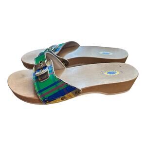 Dr. Scholls Original 10 Exercise Sandals Clogs Vintage Plaid Wooden Sole Italy